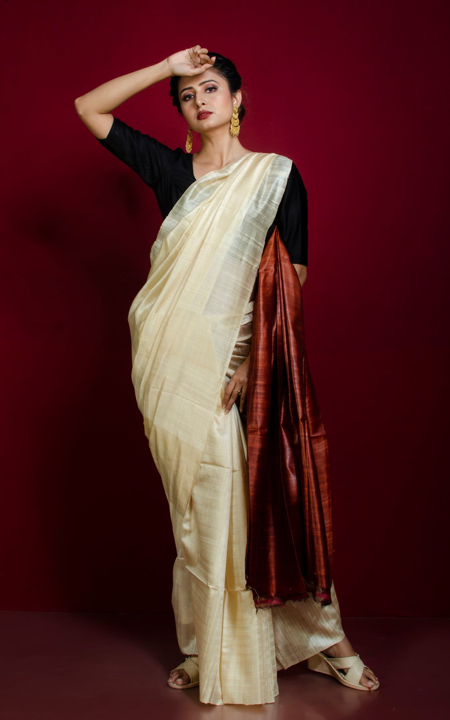 Premium Soft Dupion Tussar Silk Saree in Cream and Sienna Brown