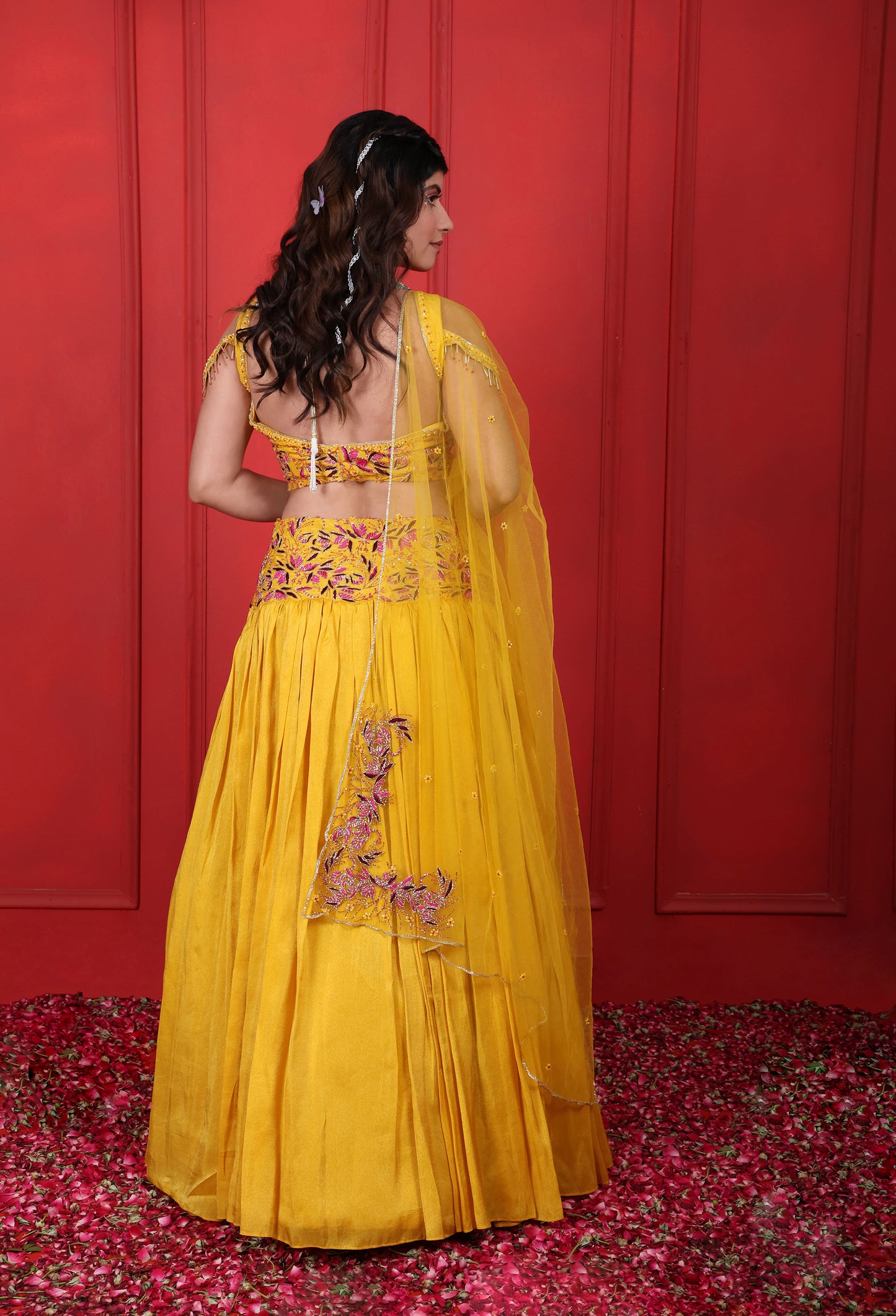 Hand Embroidered Sunflower Yellow Lehenga Set With Net Dupatta