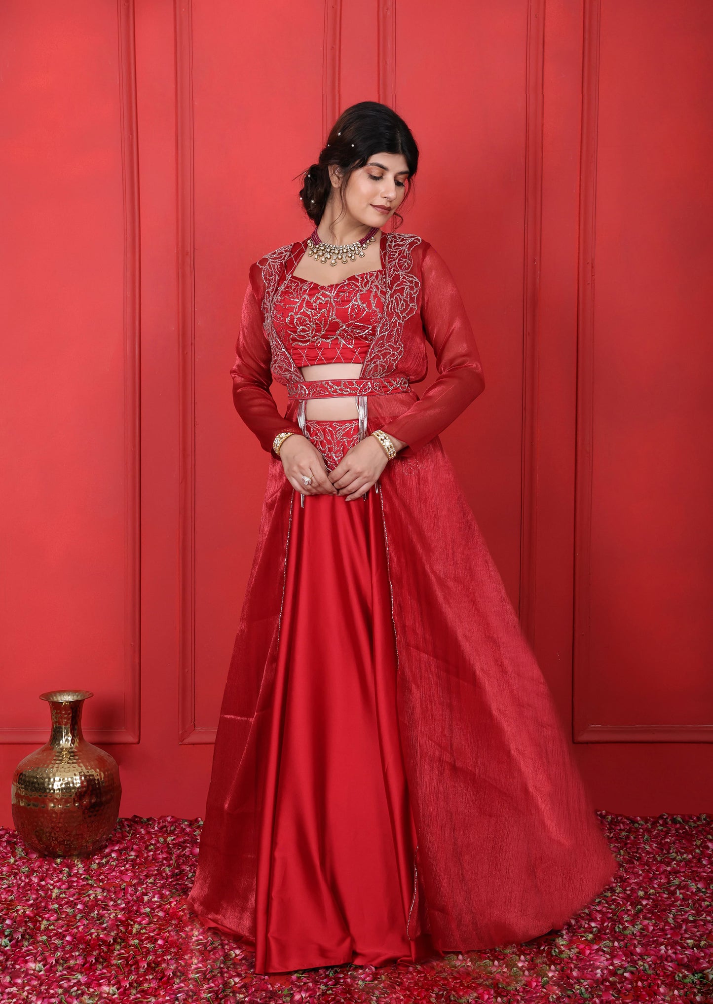 Cornell Red Hand Embroidered Blouse Lehenga Jacket & Belt Set