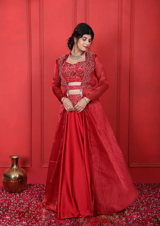 Cornell Red Hand Embroidered Blouse Lehenga Jacket & Belt Set