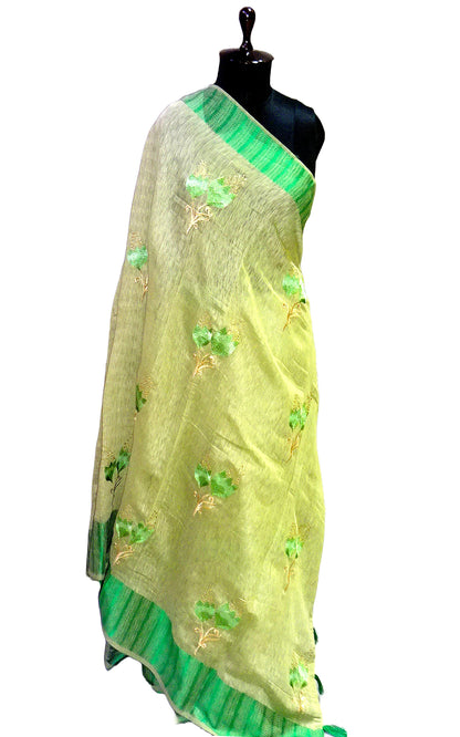 Cross Stitch Embroidery Work Art Moonga Silk Saree in Lime Green, Beige and Leaf Green