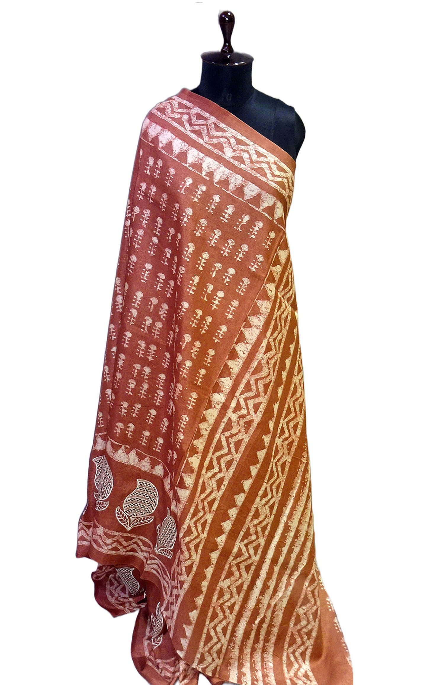Batik Printed with Embroidery Work Soft Kosa Silk Saree in Wood Brown, Off White and Light Brown