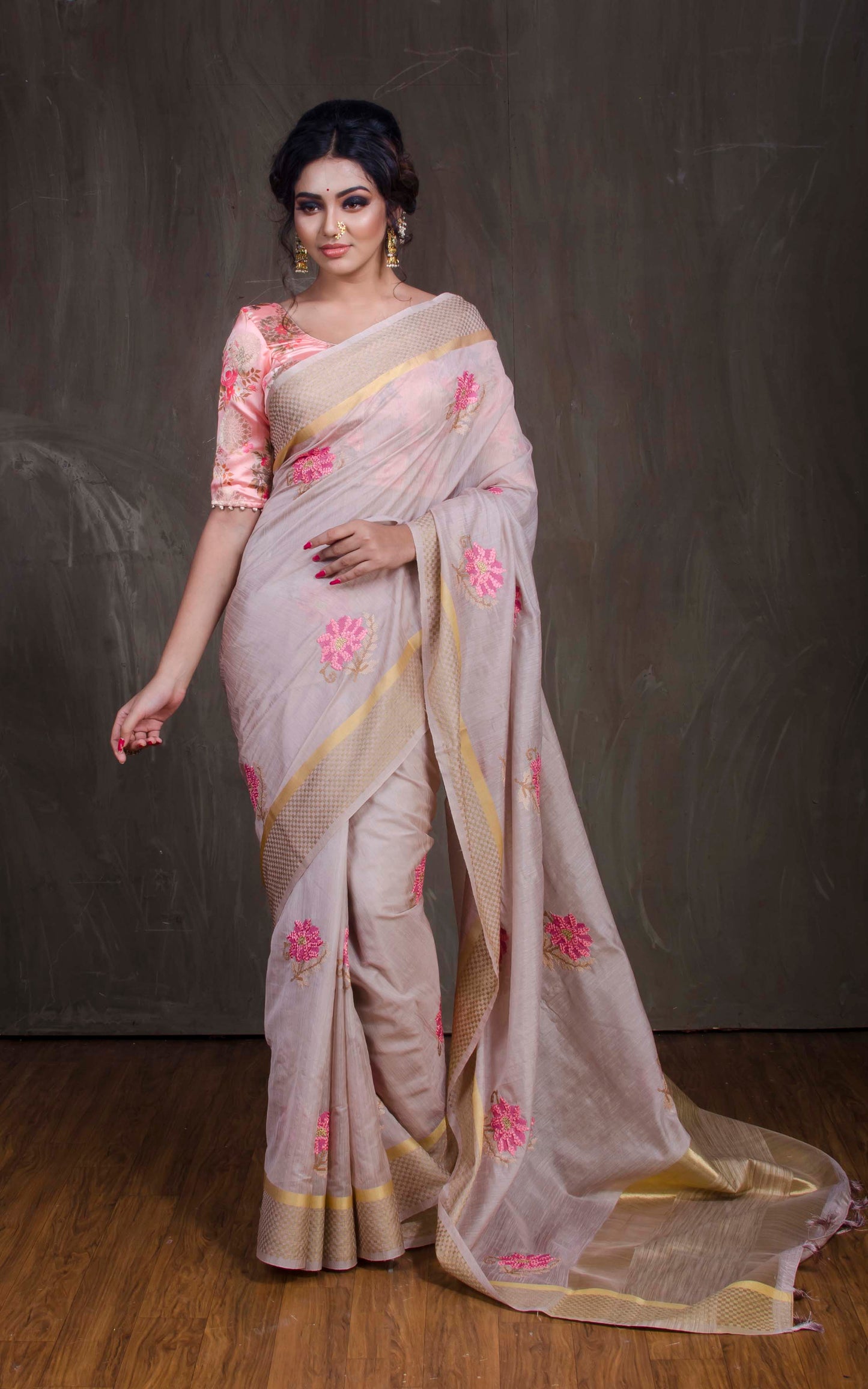 Cross Stitch Embroidery Work Art Muga Silk Saree in Lemonade, Pink and Beige