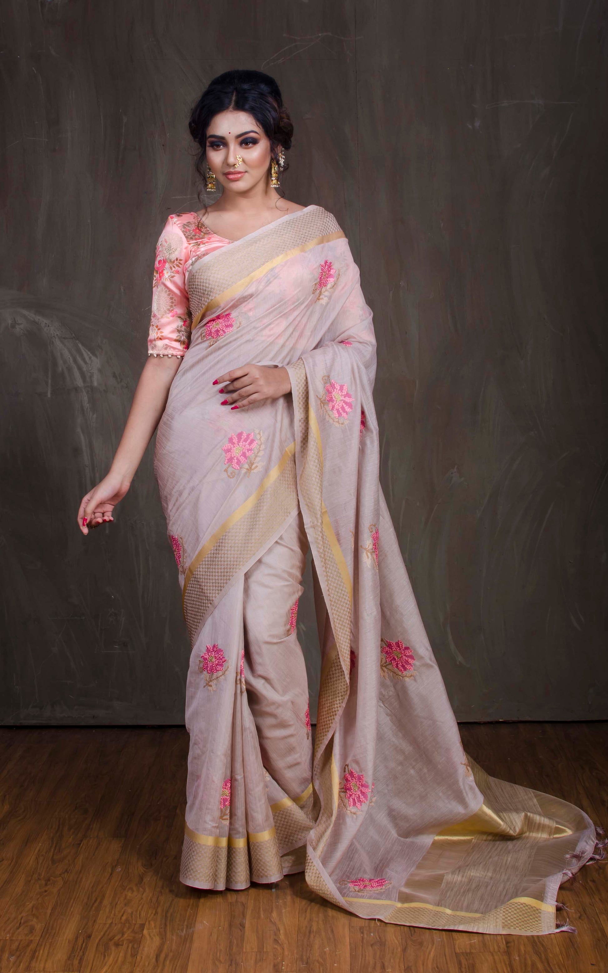 Cross Stitch Embroidery Work Art Muga Silk Saree in Lemonade, Pink and Beige