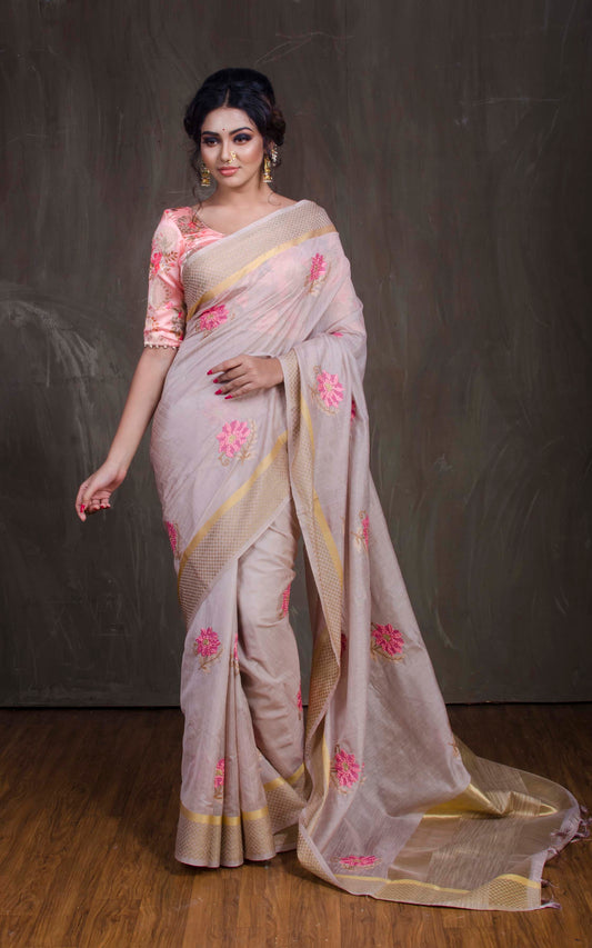 Cross Stitch Embroidery Work Art Muga Silk Saree in Lemonade, Pink and Beige