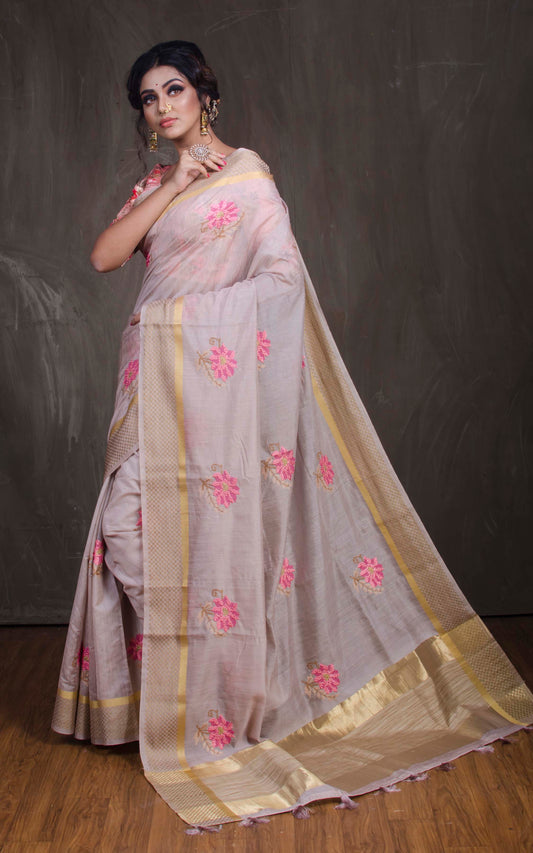 Cross Stitch Embroidery Work Art Muga Silk Saree in Lemonade, Pink and Beige