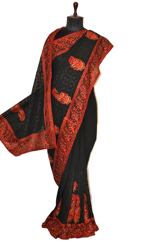 Kashmiri Embroidery Thread Work Georgette in Black, Red and Natural Green