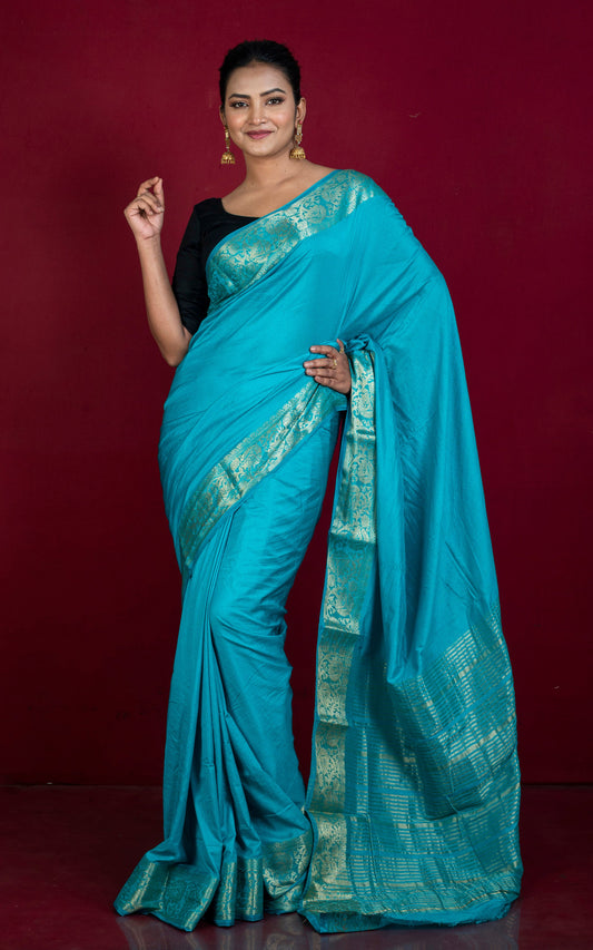 Soft Semi Crepe Silk Saree in Sea Green and Antique Golden