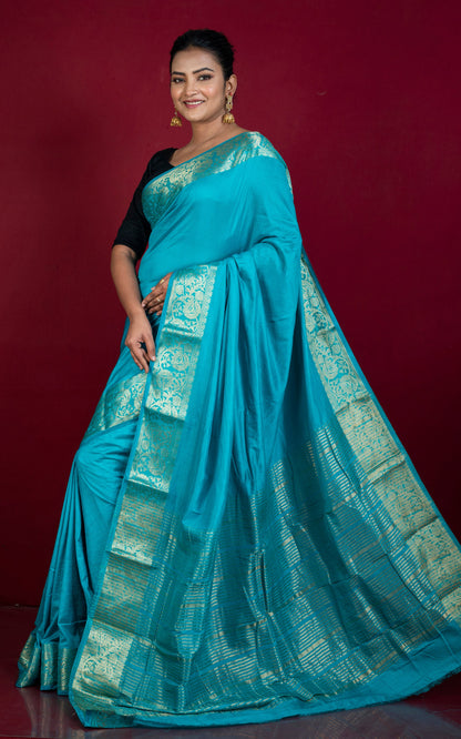 Soft Semi Crepe Silk Saree in Sea Green and Antique Golden