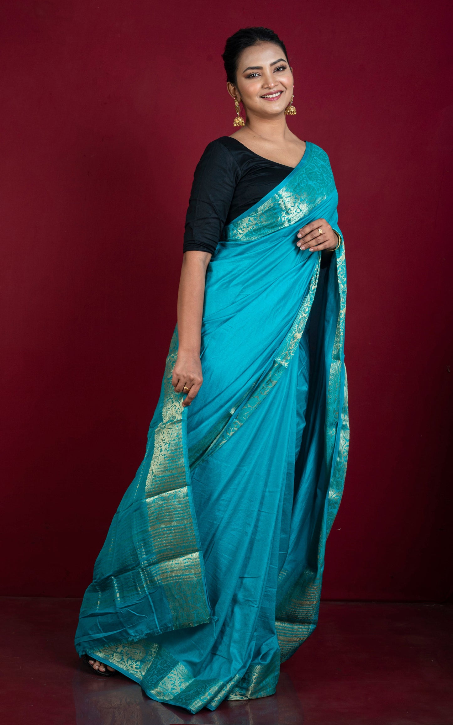 Soft Semi Crepe Silk Saree in Sea Green and Antique Golden