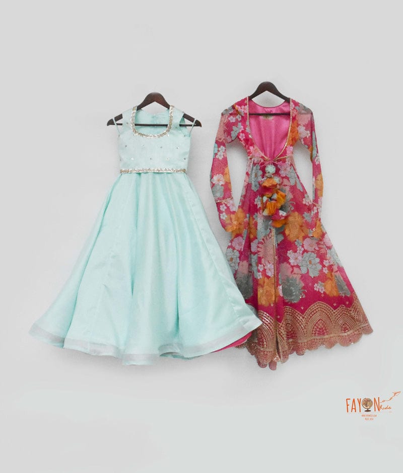 Aqua Blue Silk Lehenga with Choli Printed Jacket for Girls