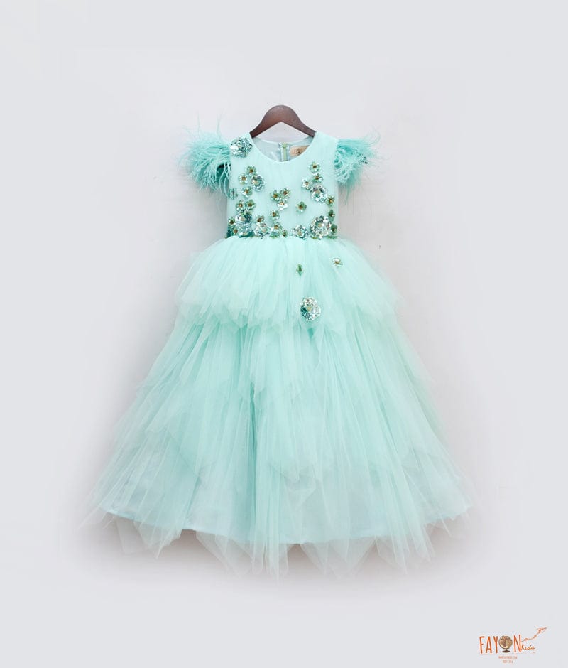 Aqua Green Net Gown for Girls