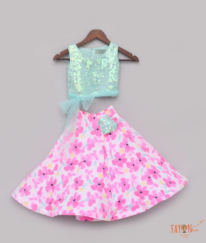 Aqua Soft Sequin White Printed Crop Top with Skirt for Girls
