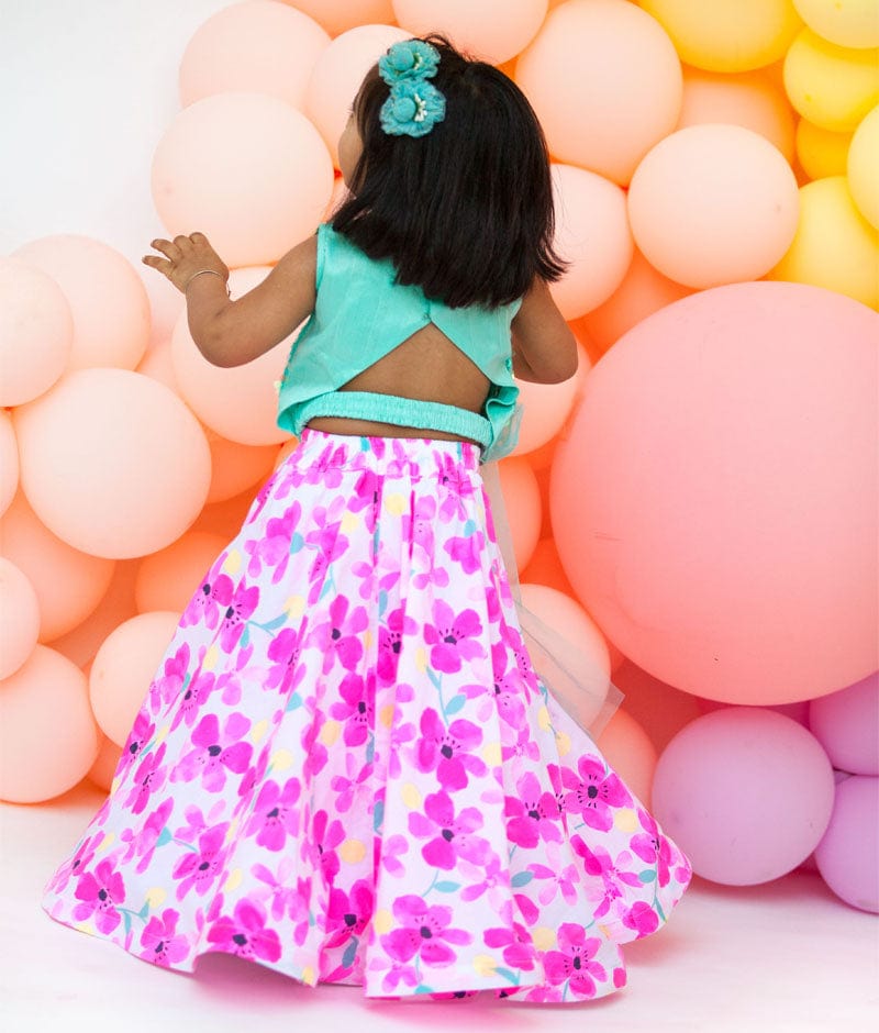 Aqua Soft Sequin White Printed Crop Top with Skirt for Girls