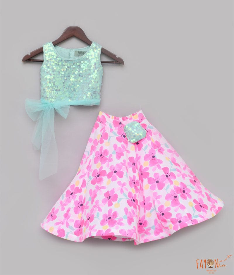 Aqua Soft Sequin White Printed Crop Top with Skirt for Girls