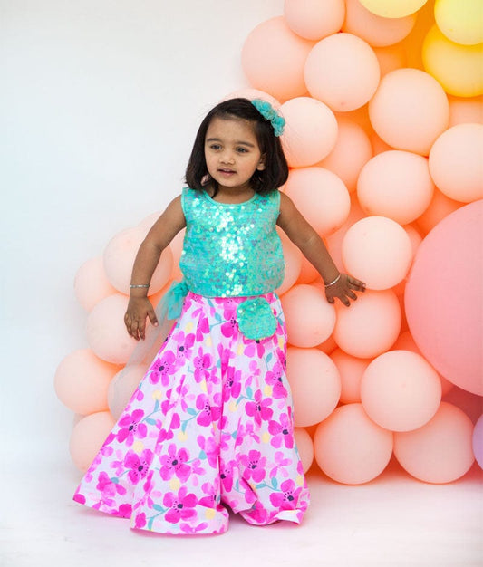 Aqua Soft Sequin White Printed Crop Top with Skirt for Girls