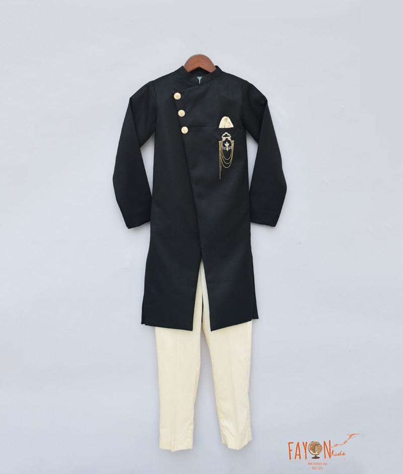 Black Achkan with Broach Pant for Boys