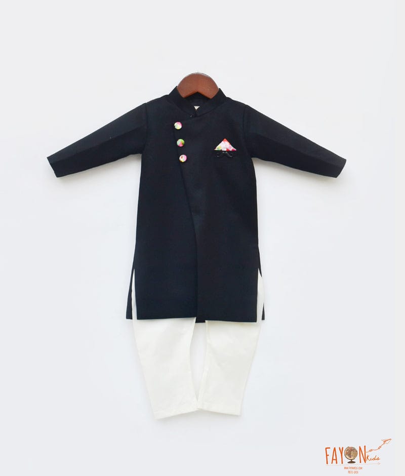 Black Achkan with Off White Chudidar for Boys