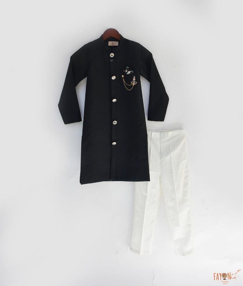 Black Achkan with Off White Pant for Boys