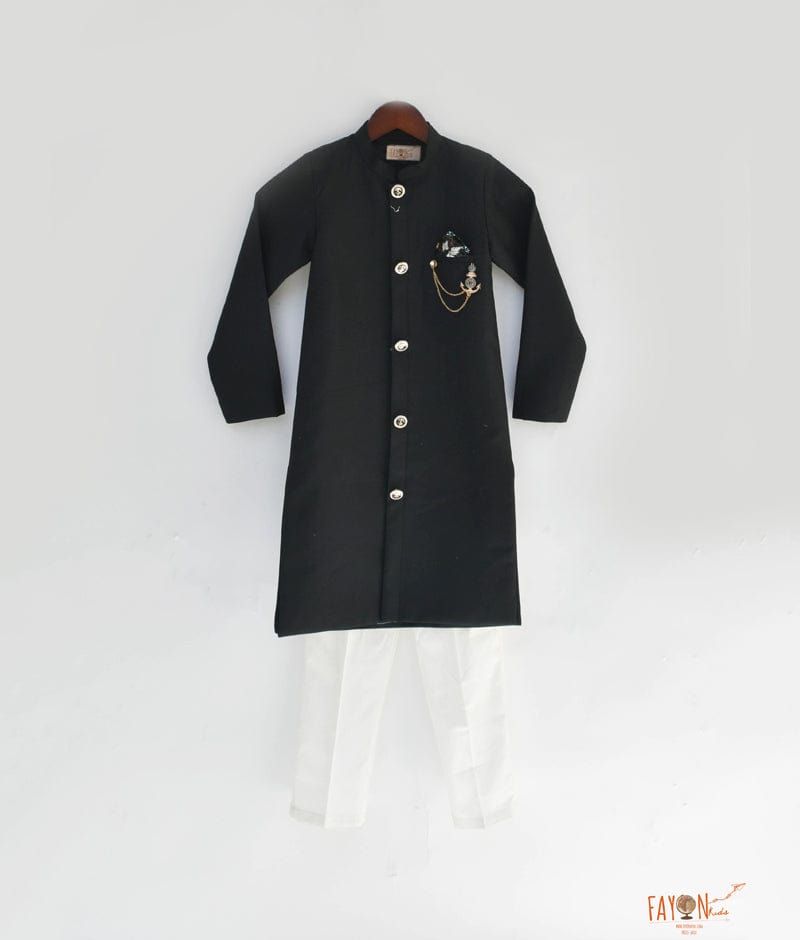 Black Achkan with Off White Pant for Boys