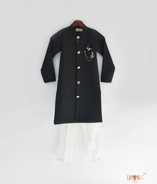 Black Achkan with Off White Pant for Boys
