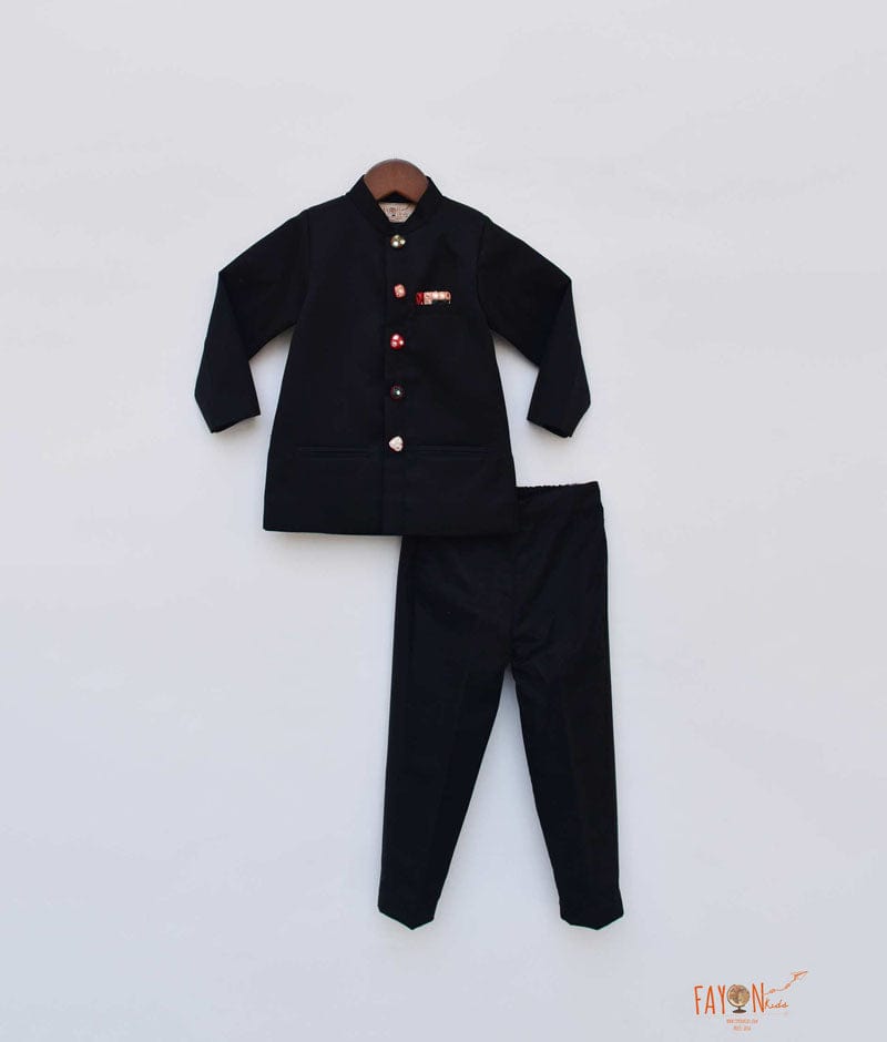 Black Bandgala with Mirror Embroidery Buttons Pant for Boys