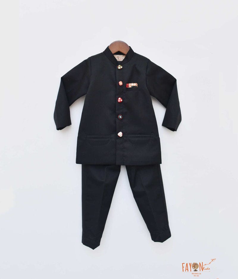 Black Bandgala with Mirror Embroidery Buttons Pant for Boys
