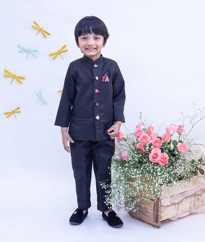 Black Bandgala with Mirror Embroidery Buttons Pant for Boys
