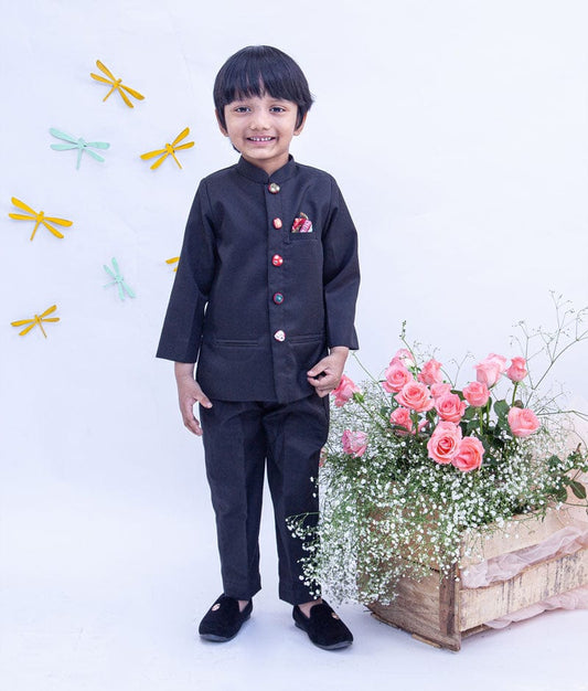 Black Bandgala with Mirror Embroidery Buttons Pant for Boys