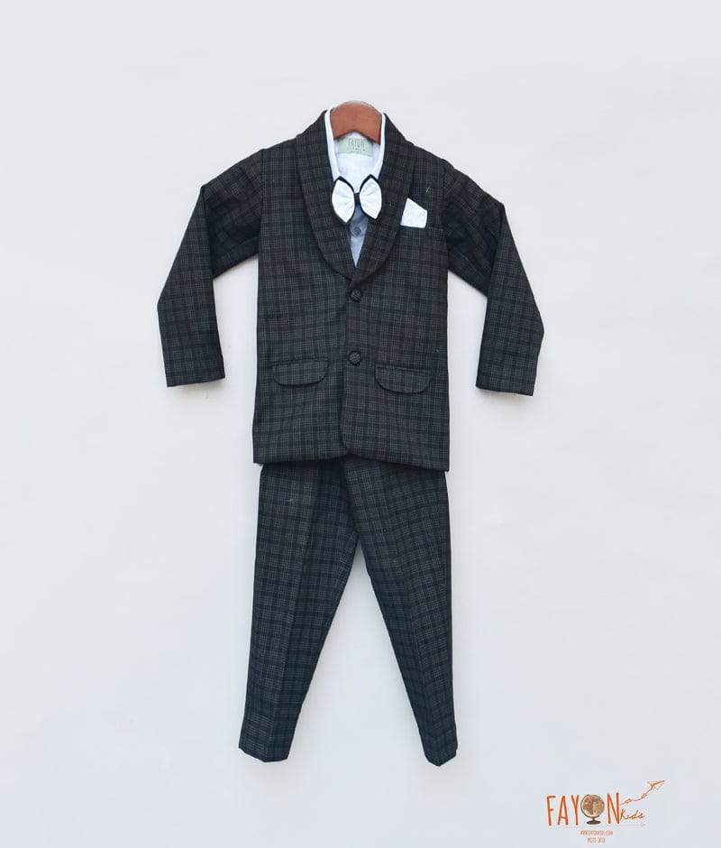 Black Check Coat with Blue Shirt Pant for Boys