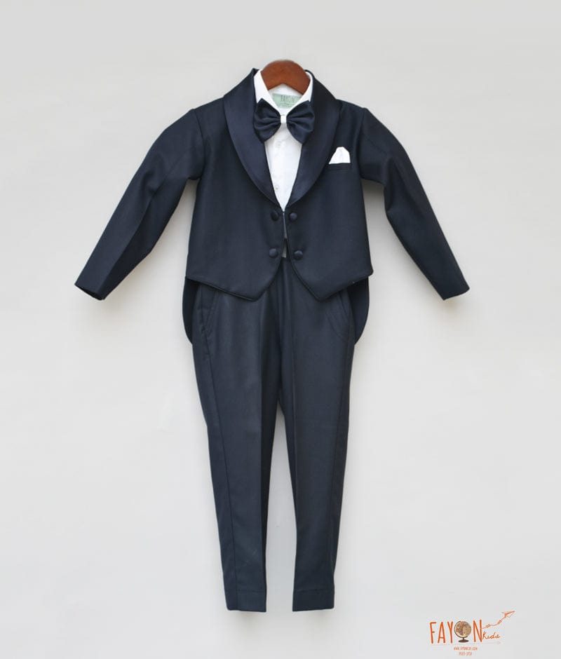 Black Check Coat with Off white Shirt Pant for Boys