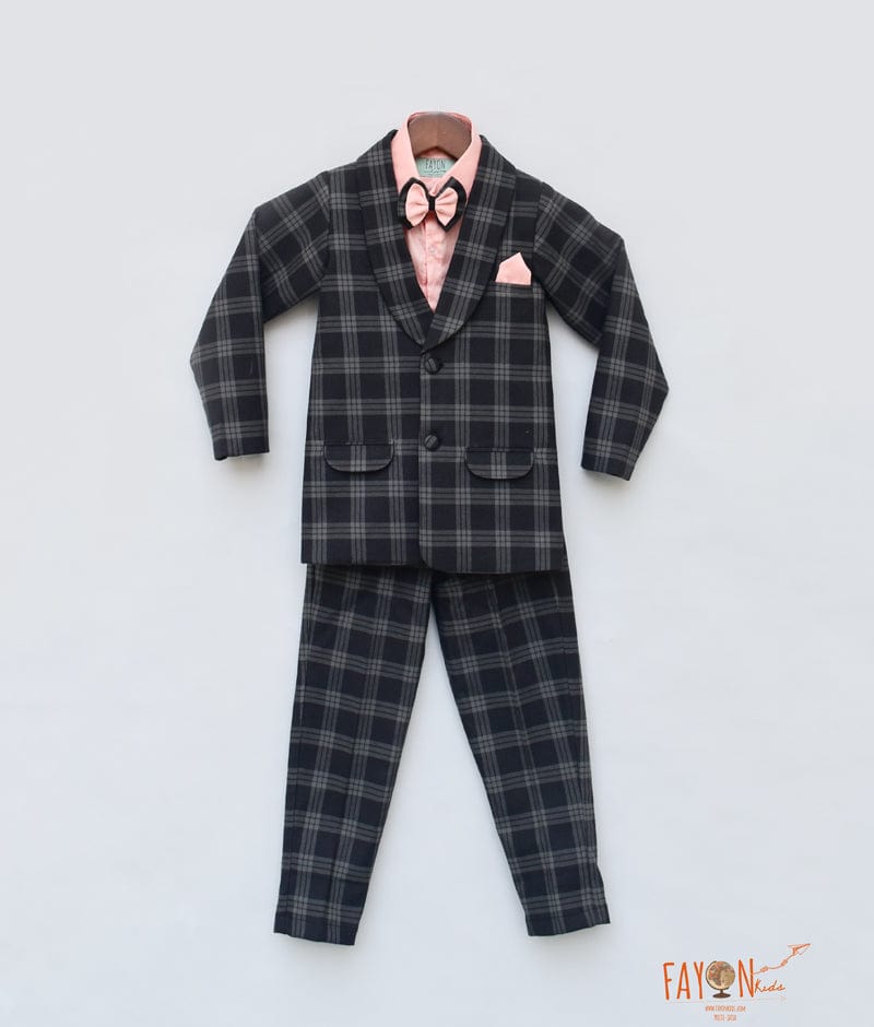Black Check Coat with Peach Shirt Pant for Boys