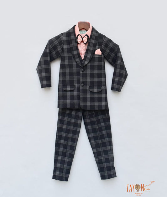 Black Check Coat with Peach Shirt Pant for Boys