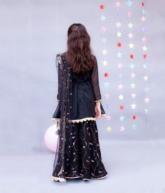 Black Georgette Black Sequins Sharara with Kurti Boti Net Dupatta for Girls