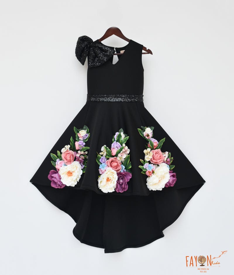 Black Lycra High Low Dress with Flowers for Girls