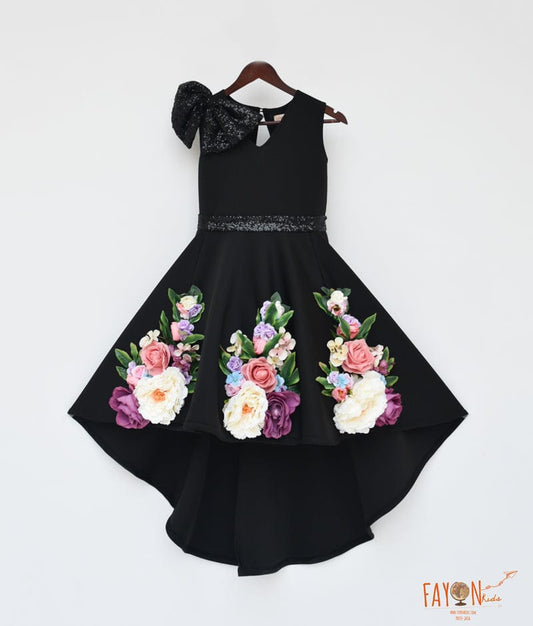 Black Lycra High Low Dress with Flowers for Girls