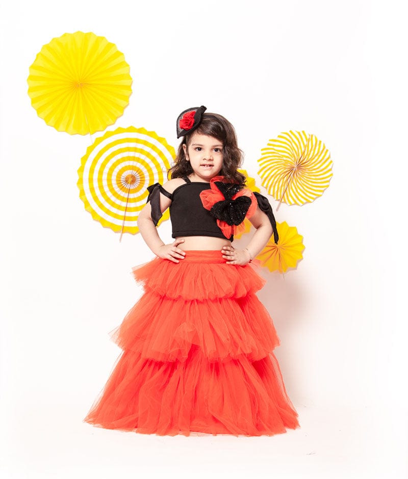 Black Lycra Orange Net Crop Top with Skirt for Girls