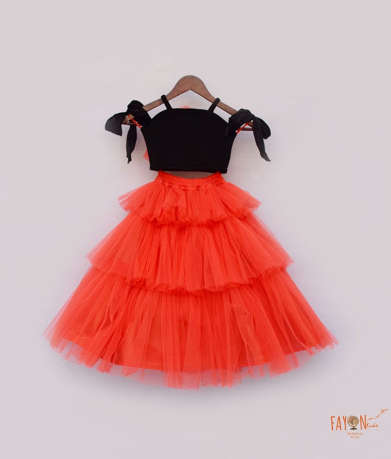 Black Lycra Orange Net Crop Top with Skirt for Girls