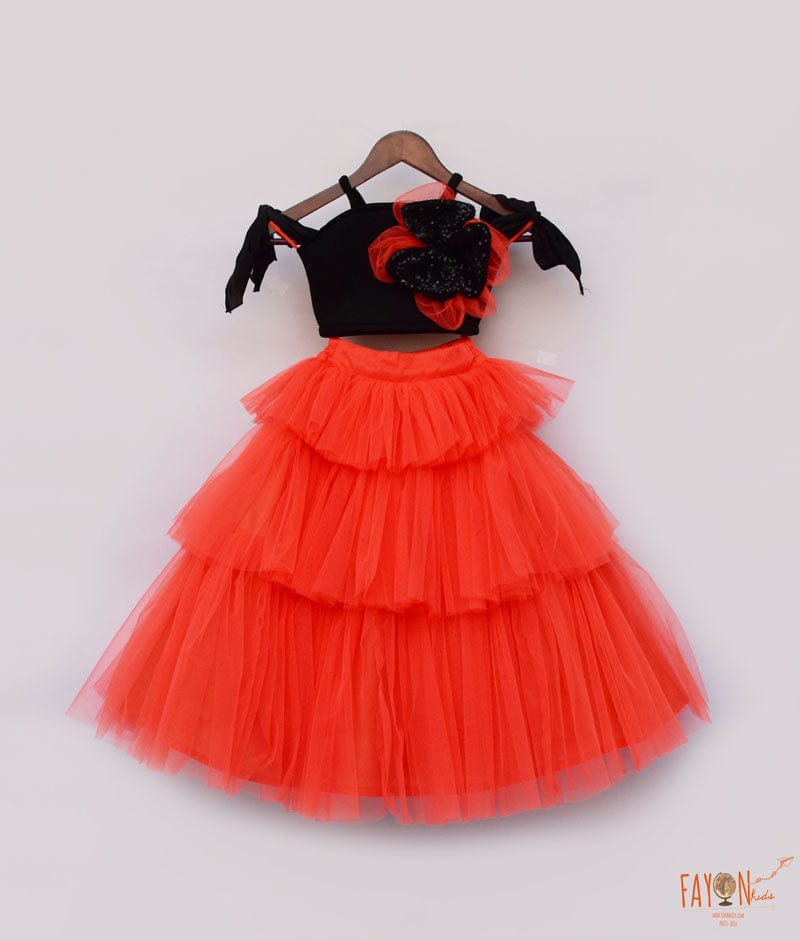 Black Lycra Orange Net Crop Top with Skirt for Girls