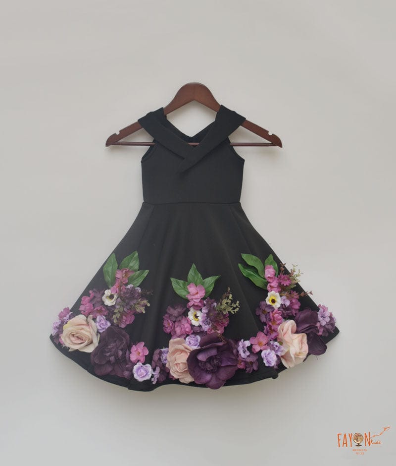 Black Neoprene Dress with 3D Flowers for Girls