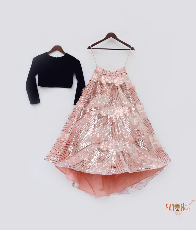 Black Velvet Peach Sequins Embroidery Lehenga with Choli for Girls