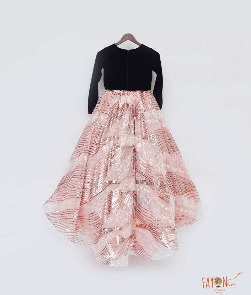 Black Velvet Peach Sequins Embroidery Lehenga with Choli for Girls