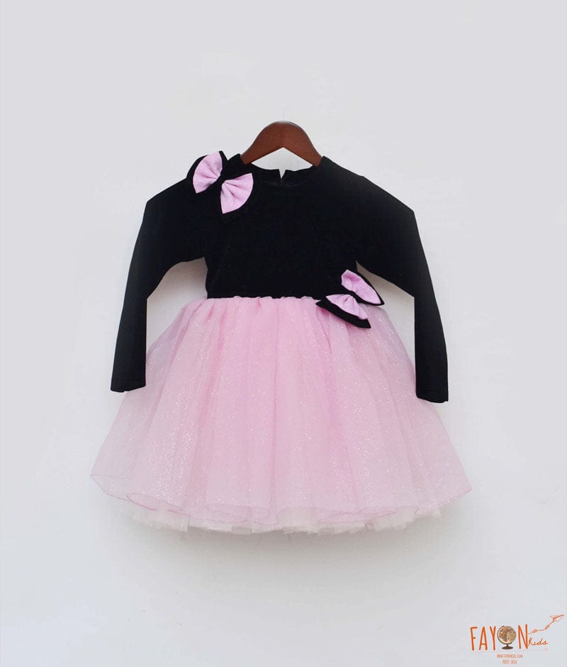 Black Velvet Pink Glitter Organza Frock for Girls