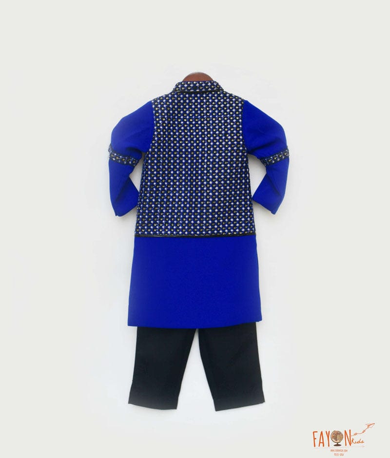 Blue Black Embroidery Achkan with Black Pant for Boys