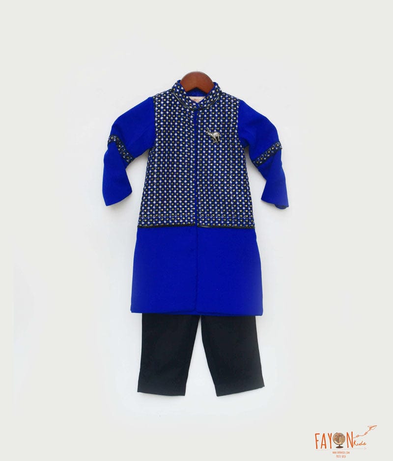 Blue Black Embroidery Achkan with Black Pant for Boys