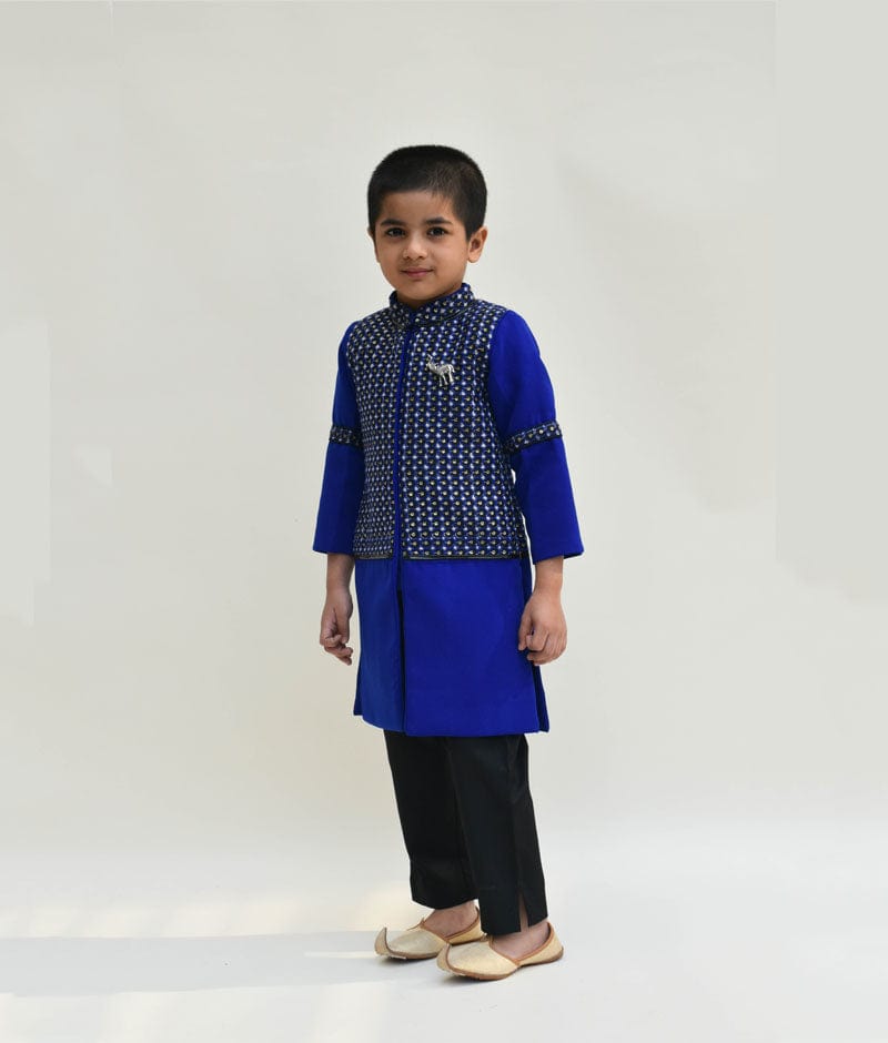 Blue Black Embroidery Achkan with Black Pant for Boys
