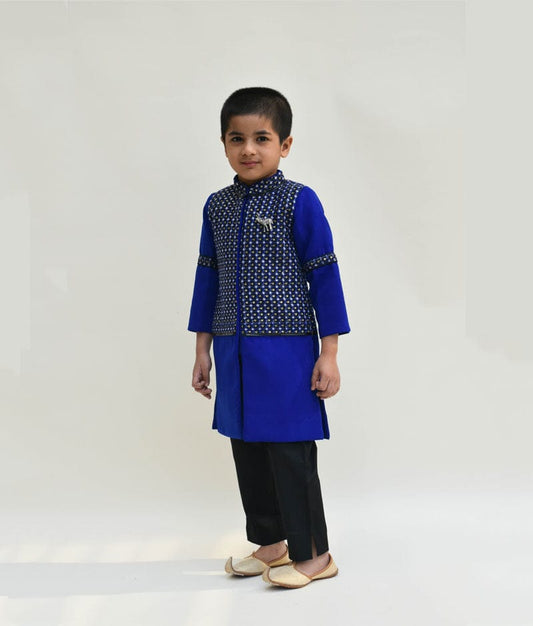 Blue Black Embroidery Achkan with Black Pant for Boys