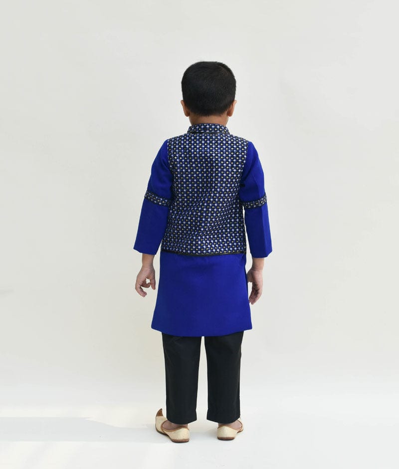 Blue Black Embroidery Achkan with Black Pant for Boys