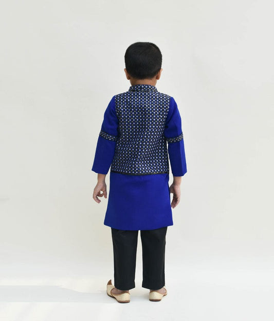 Blue Black Embroidery Achkan with Black Pant for Boys