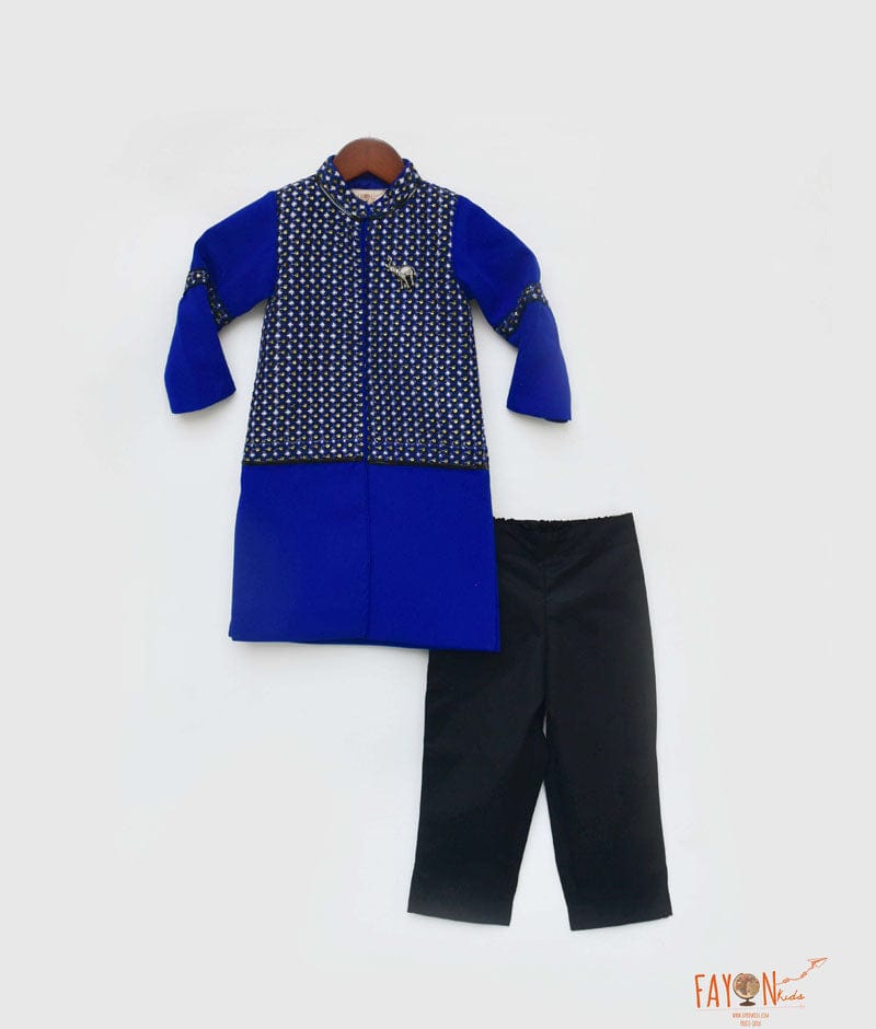 Blue Black Embroidery Achkan with Black Pant for Boys